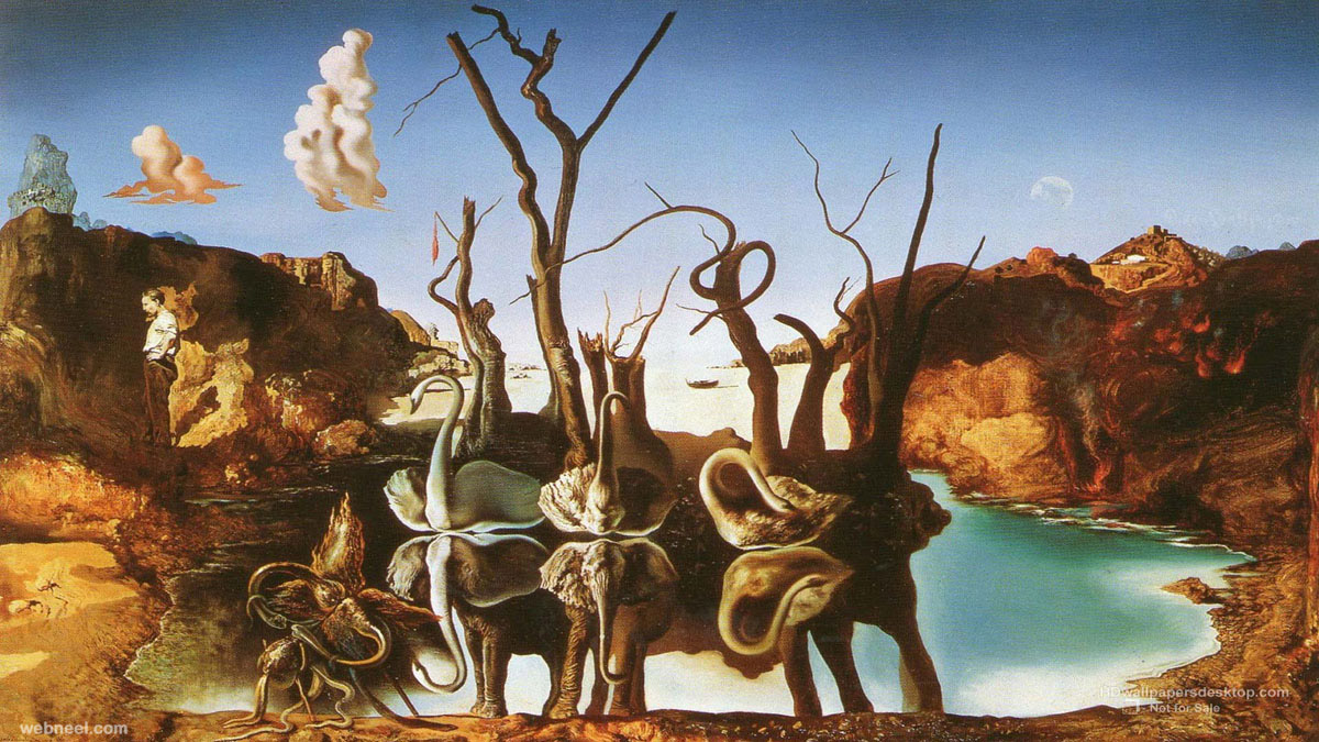 reflection elephants illusion paintings by salvador dali