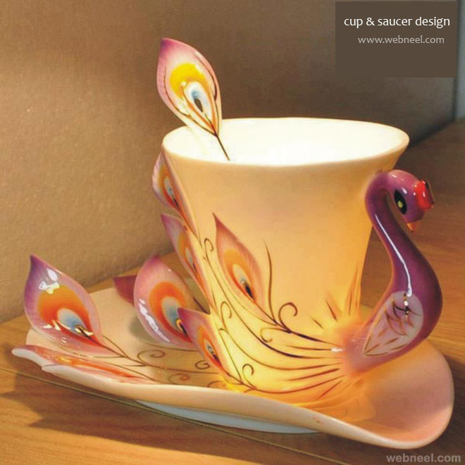 cup and saucer design peacock