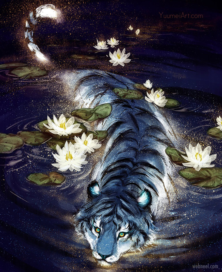 digital art painting tiger night by wenqing yan