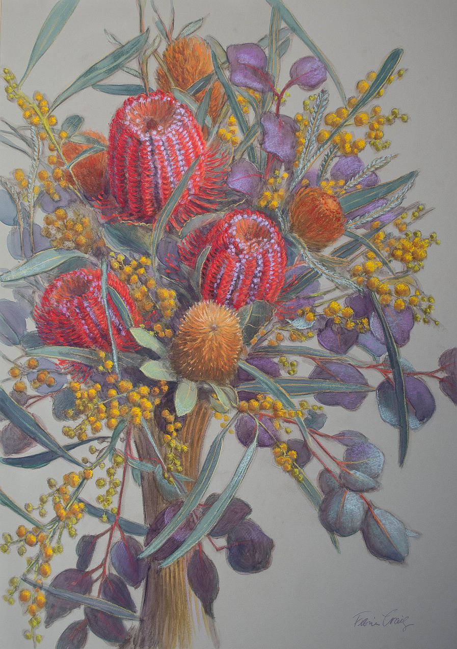 flower oil painting scarlet banksias by fiona craig
