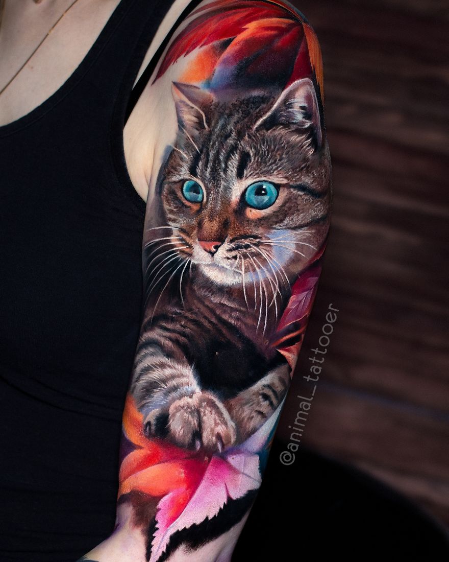 colorful animal tattoo art cat by natasha lisova