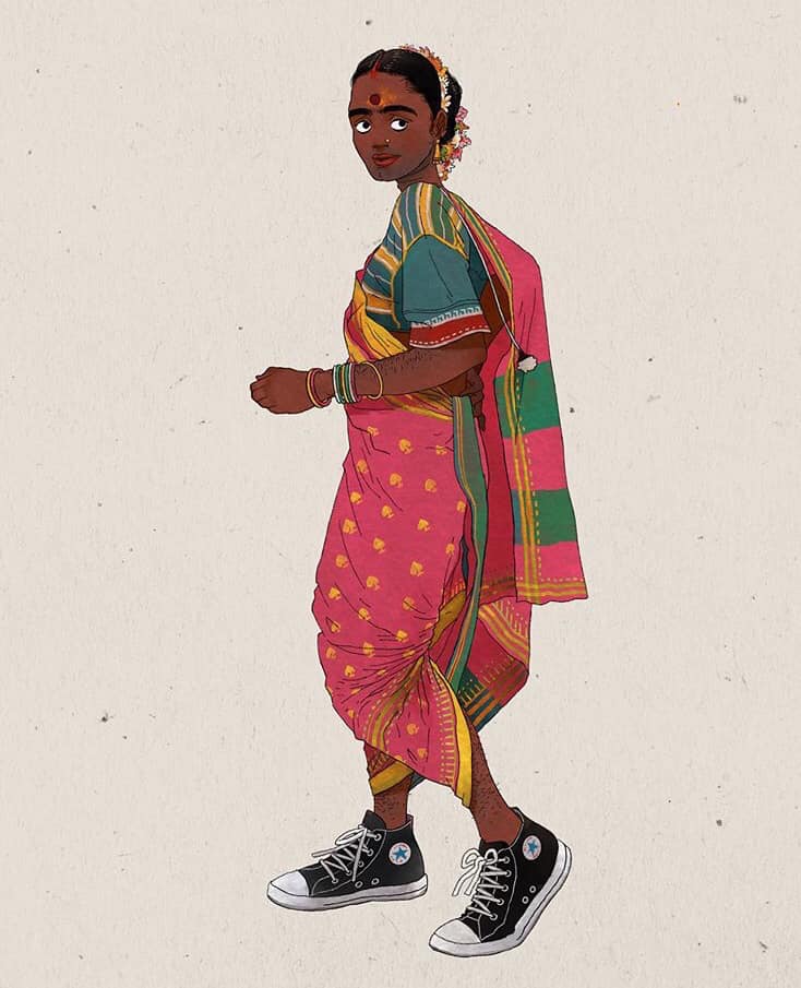 digital illustration saree woman walking
