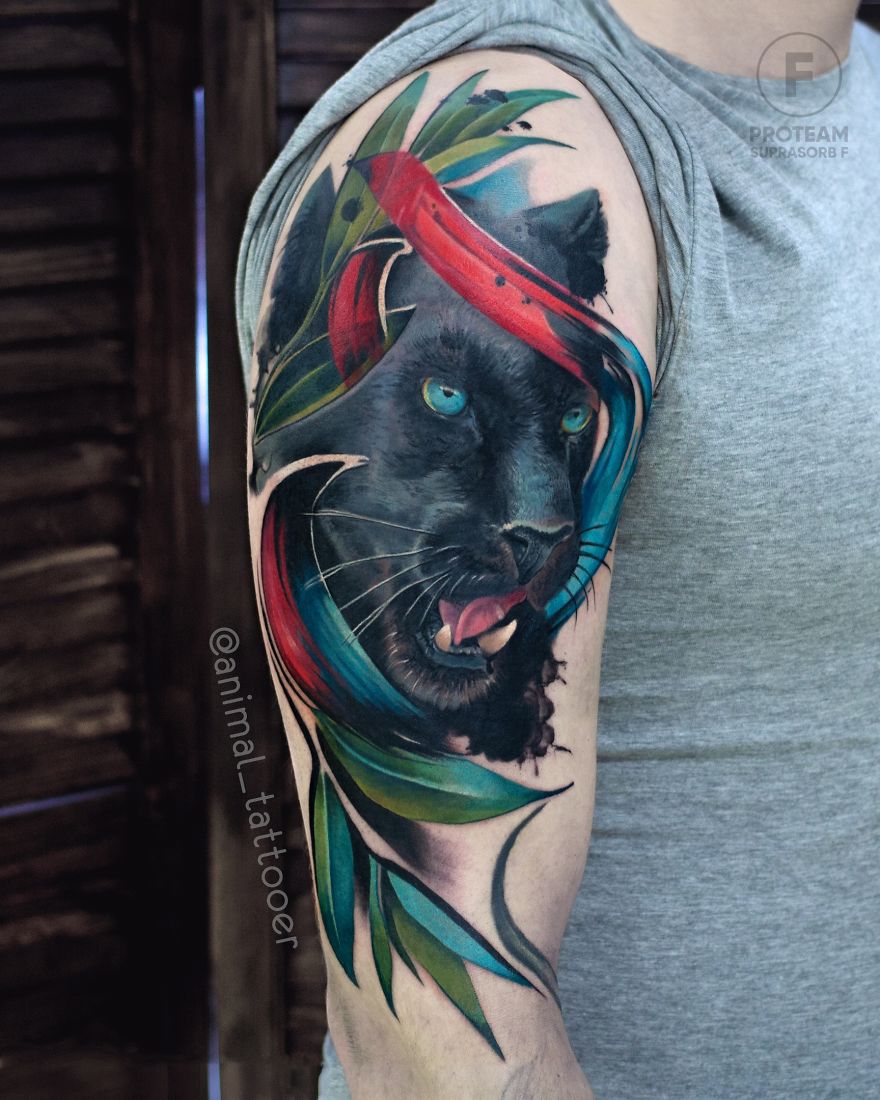 colorful animal tattoo art panther