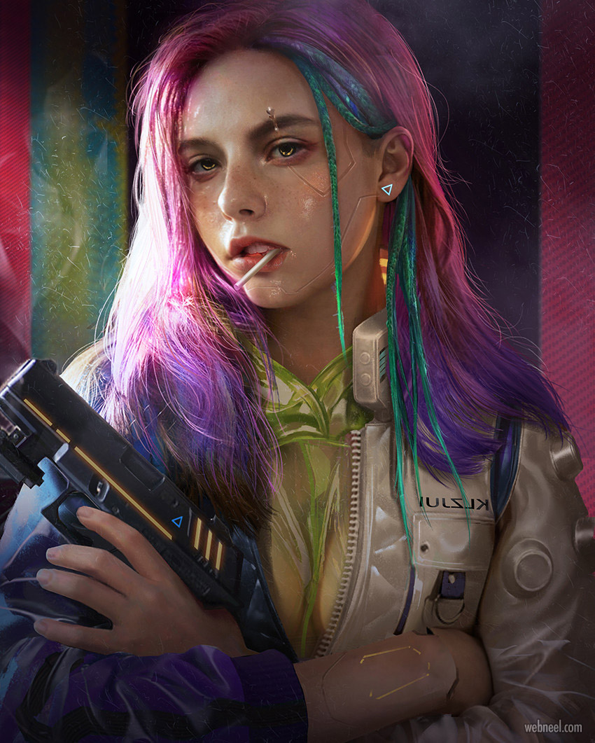 digital painting girl with gun futuristic by song