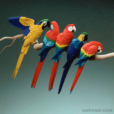 color paper sculpture parrot by calvin nicholls