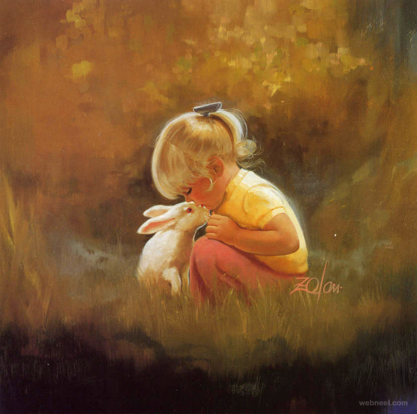 cute baby painting with rabbit