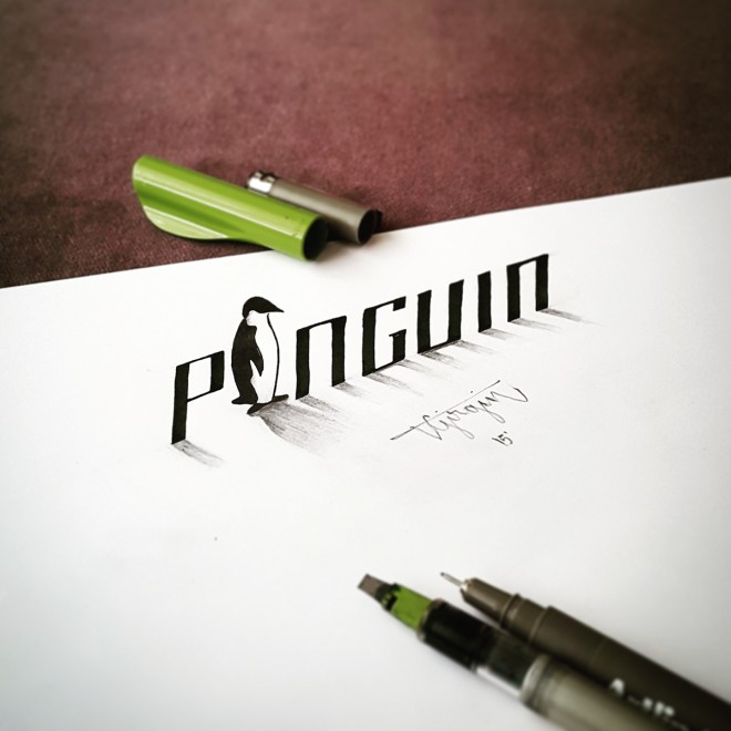 penguin 3d calligraphy by tolga girgin
