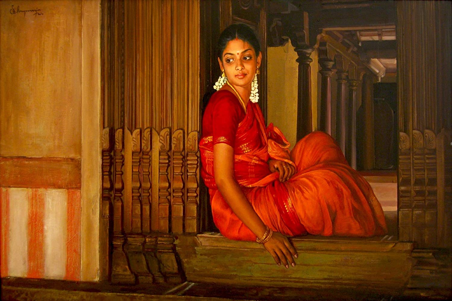 acrylic painting artwork woman waiting tamilnadu