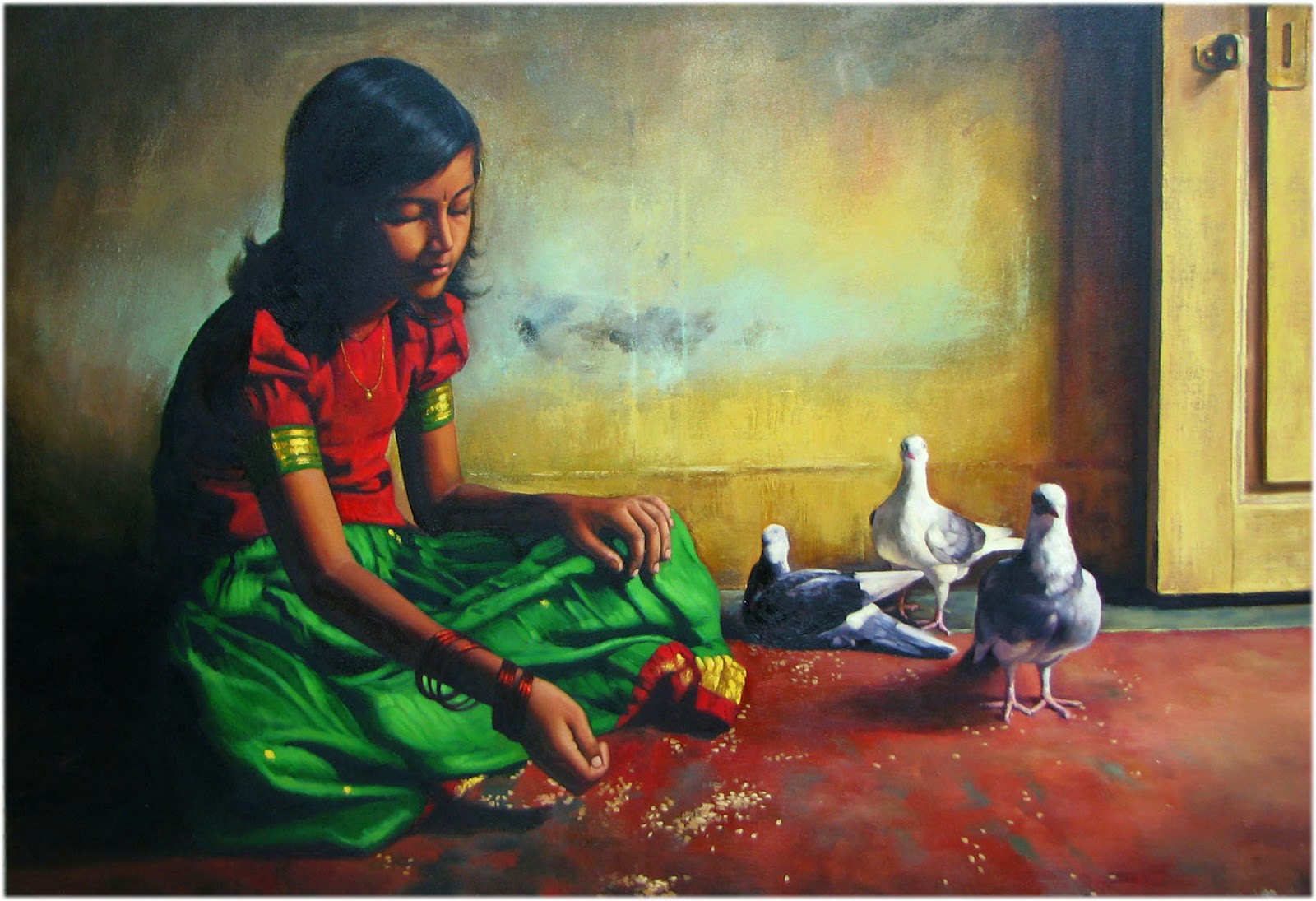 acrylic painting artwork girl pigeon tamilnadu