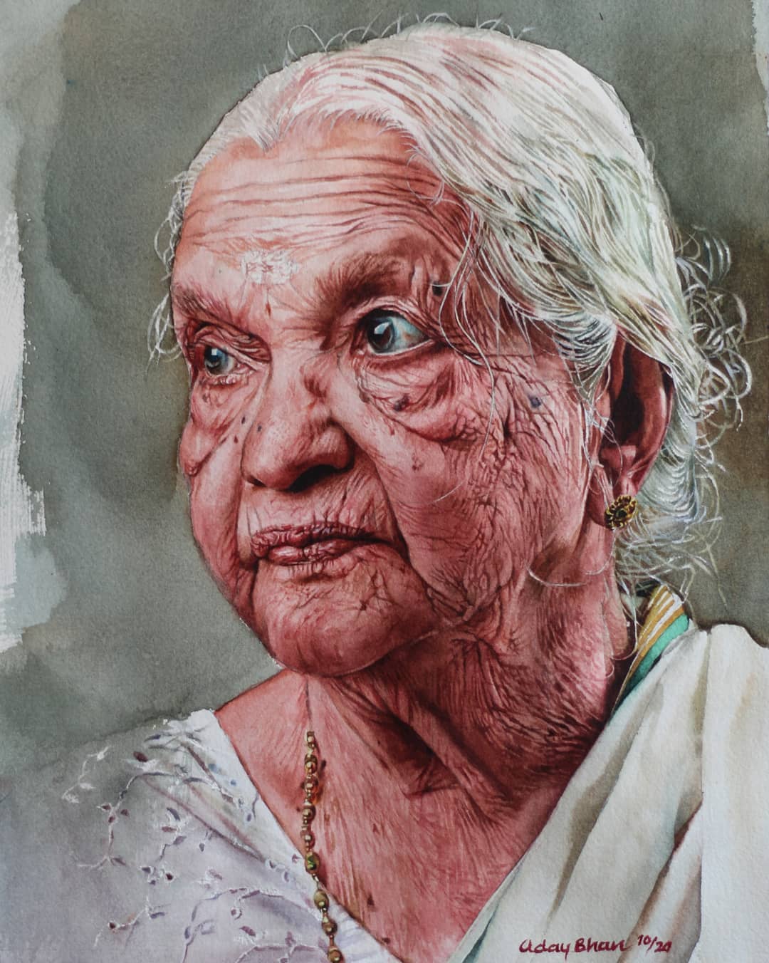 portrait watercolor painting white saree woman