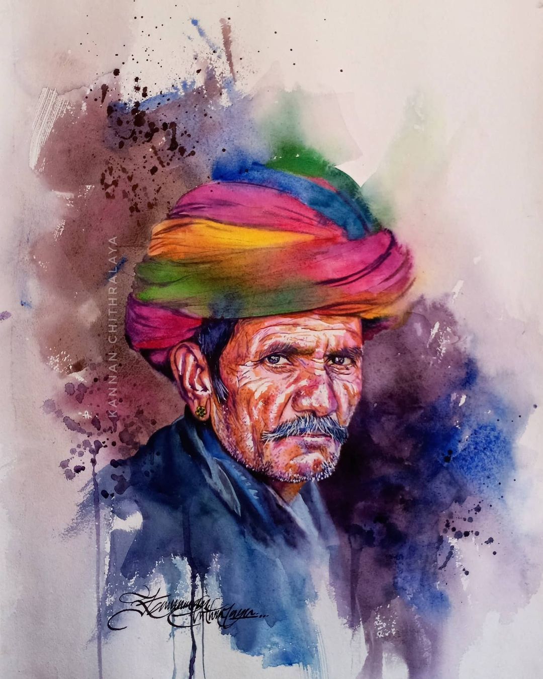 watercolor painting old man turban by kannan chitralaya
