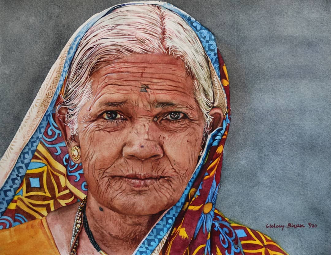 portrait watercolor painting rural woman by uday bhan