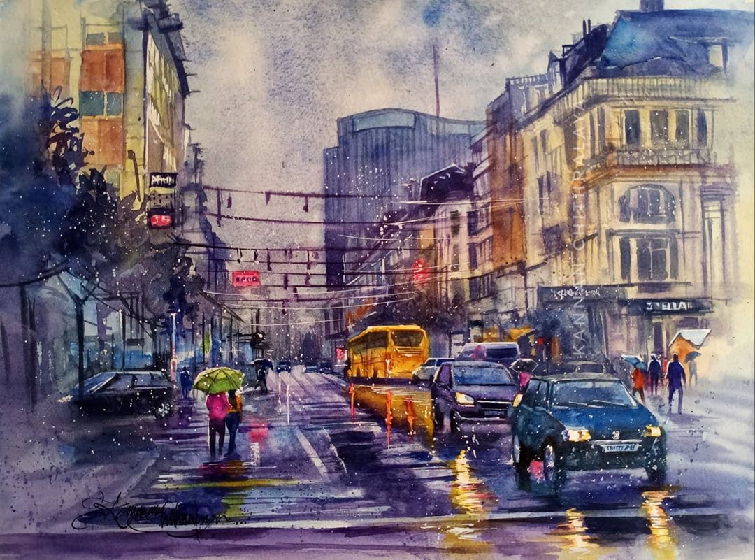 watercolor painting rainy day by kannan chitralaya
