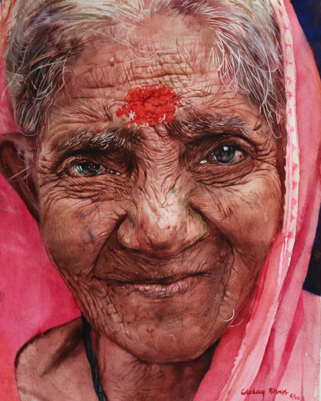 portrait watercolor painting rural life by uday bhan