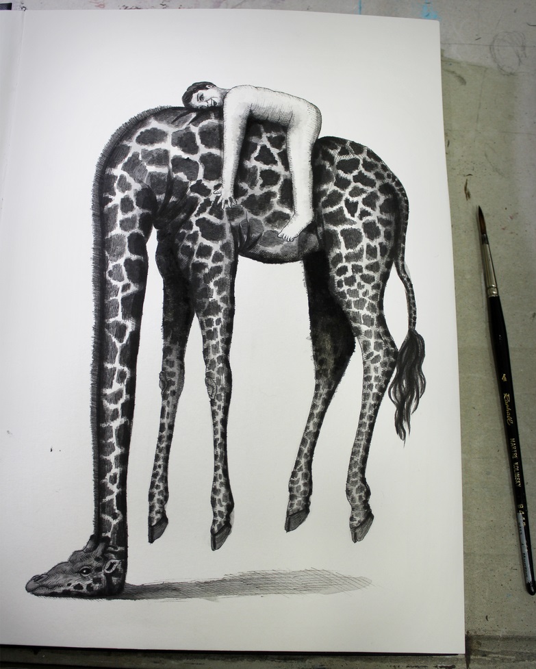giraffe surreal painting by bruno pontiroli