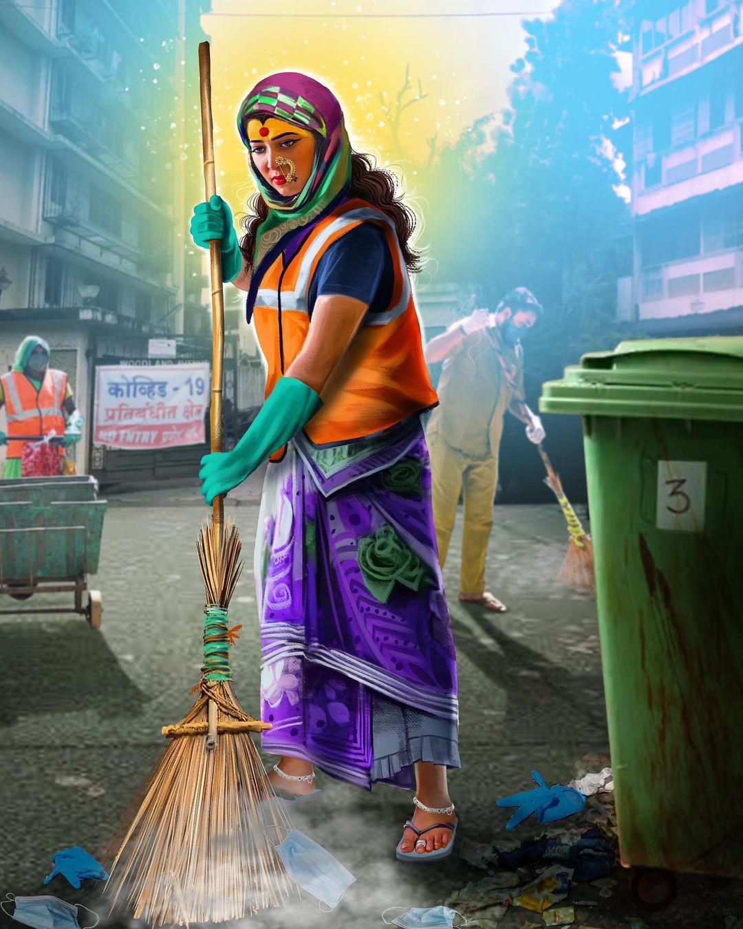 digital illustration covid warrior sweeper by uday mohite