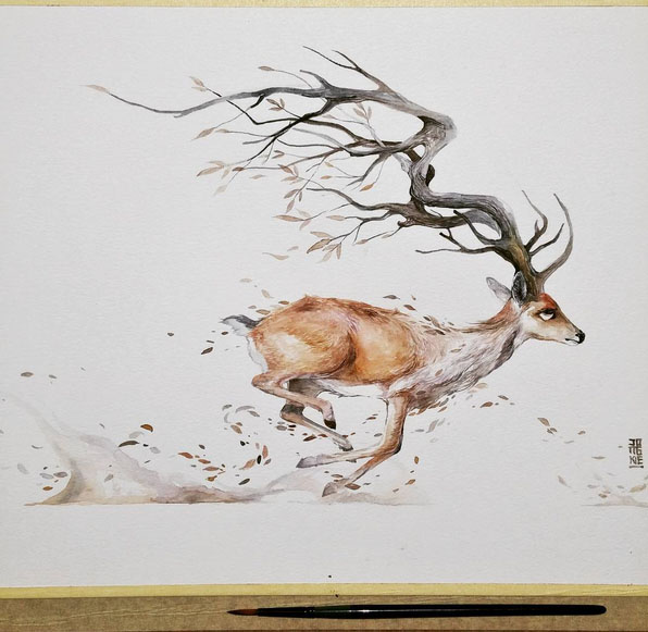 deer watercolor painting by luqman reza mulyono