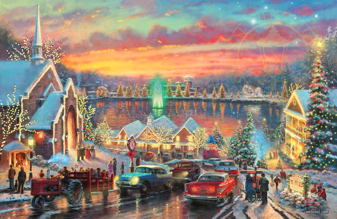 christmas painting snow city sunset