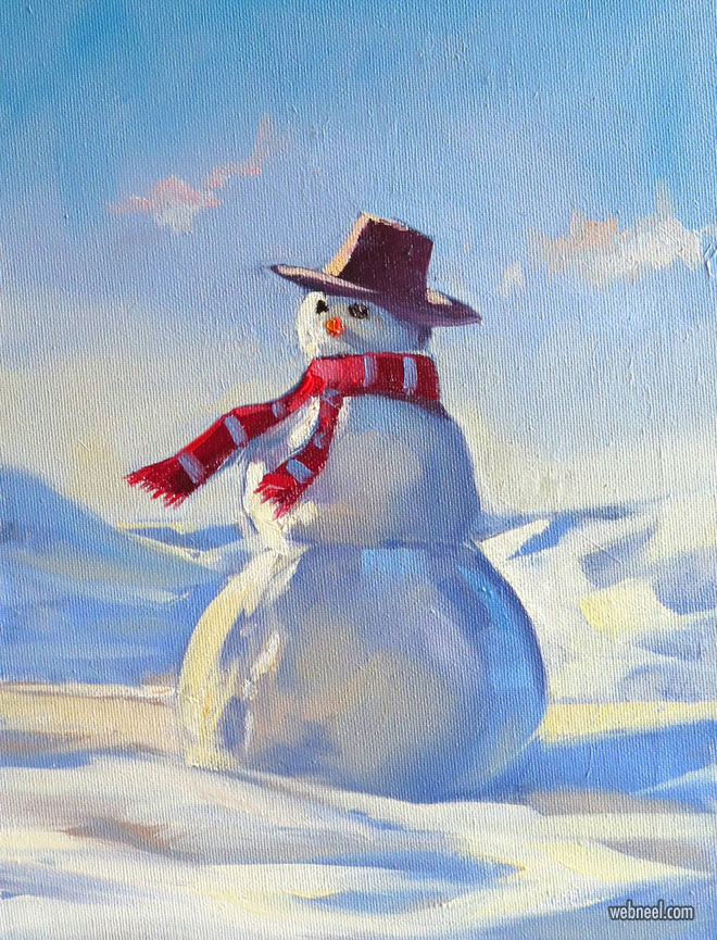 christmas oil painting snowman