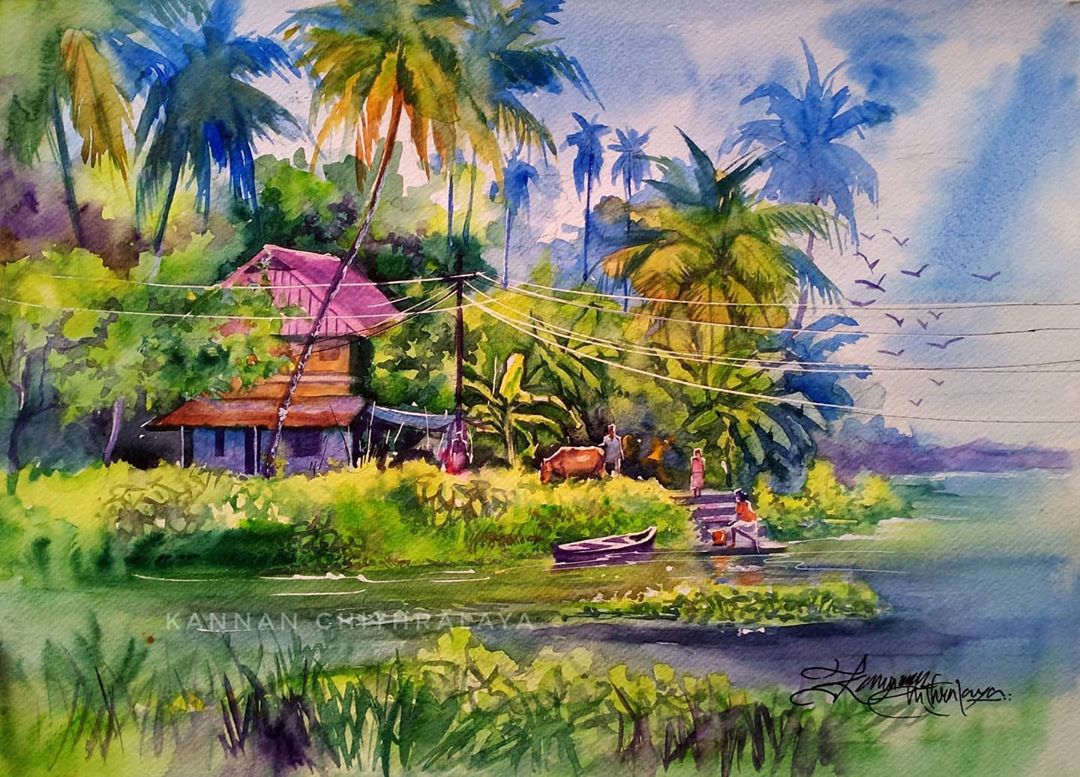 watercolor painting village india by kannanchithralaya
