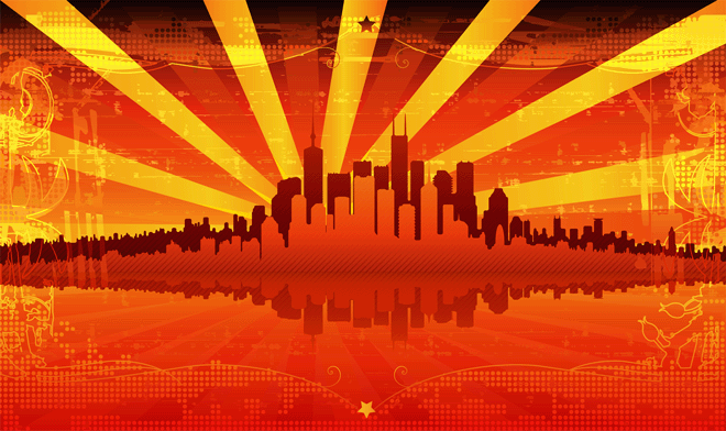 Summer In The City eps - Red City sun rise rays Background
