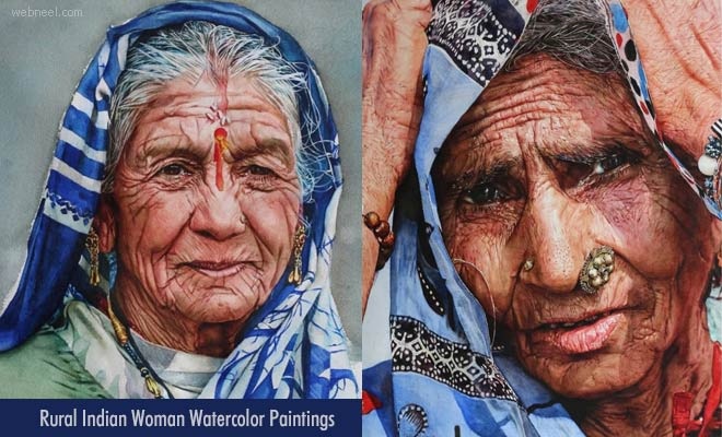 10 Rural Indian woman Watercolor Portrait Paintings by Uday Bhan