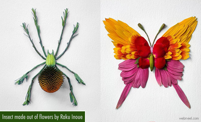 Insect made out of arranged flowers by Raku Inoue - Creative Art ideas