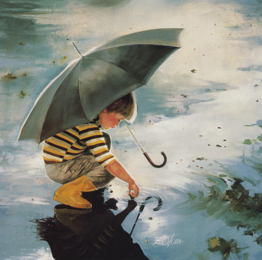 beautiful painting a boy is playing in rain water