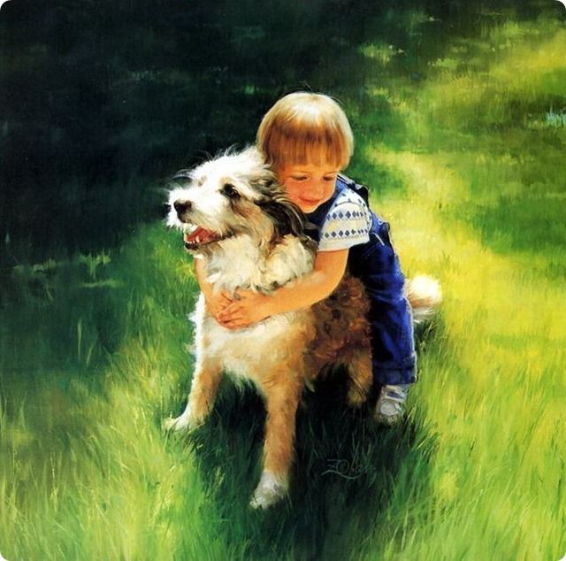 painting boy huggs a dog