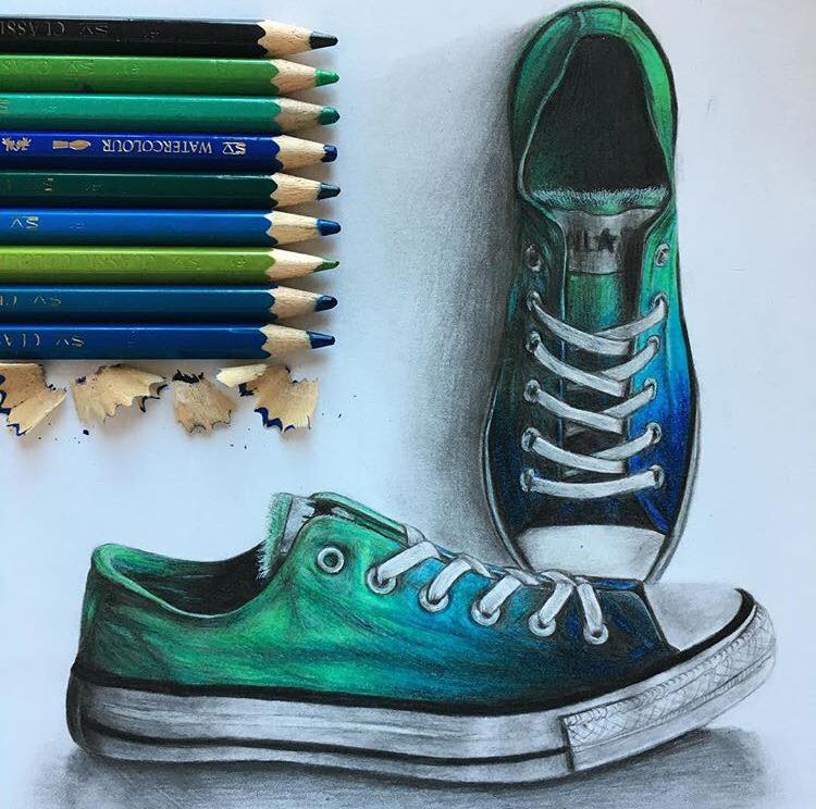 4 shoes color pencil drawing by leona chui