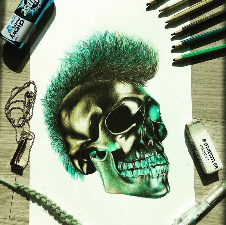 8 skull color pencil drawing by leona chui