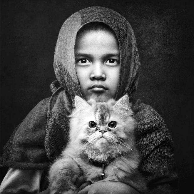 cat kid black white